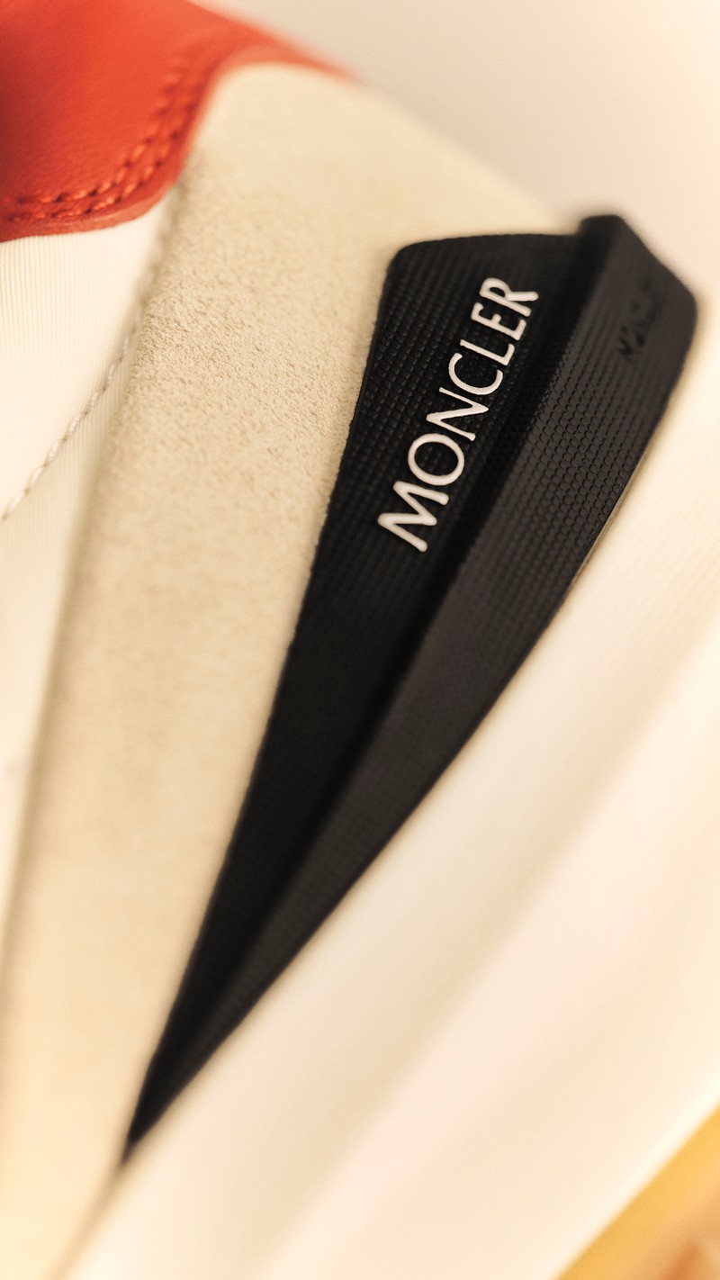 Moncler CityTrek: close-up of sneaker details, logo, label and front view.