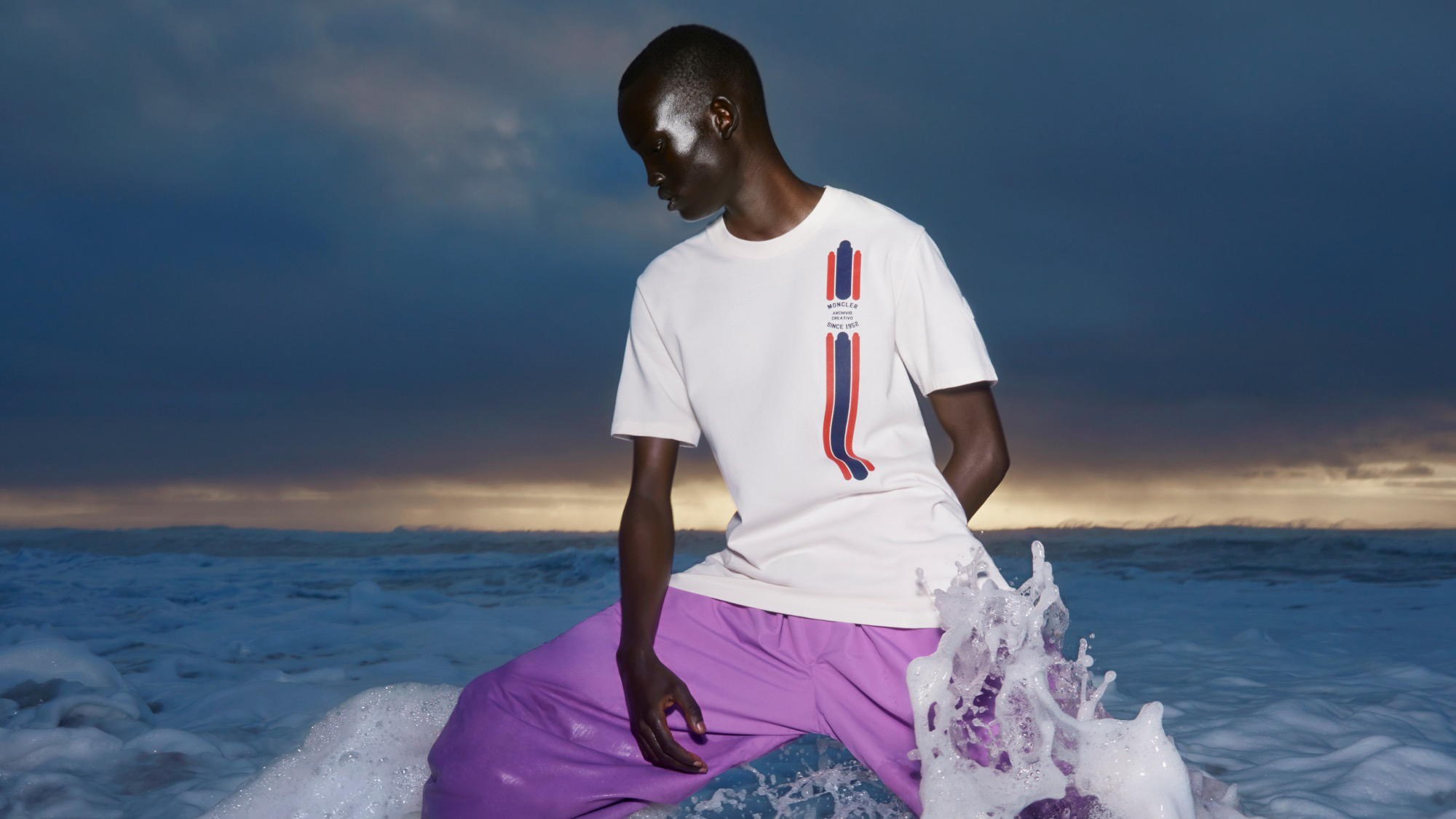 Moncler summer beachwear featuring swimsuits, light jackets, matching hats and accessories