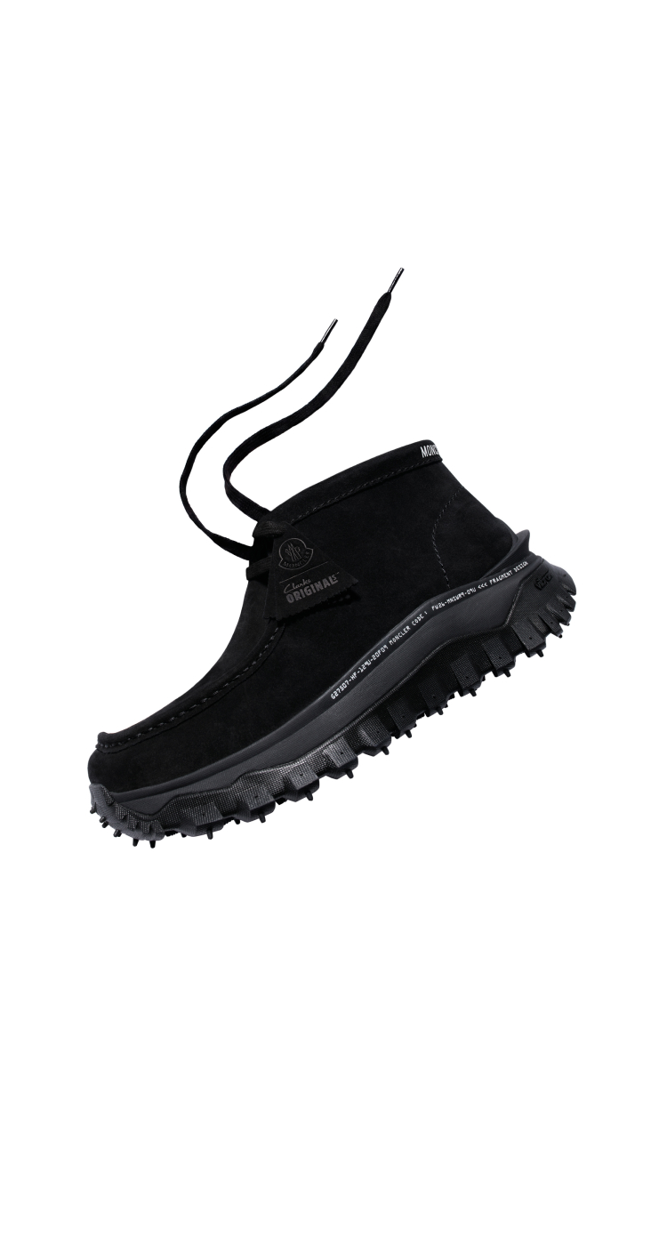 Moncler x Fragment:The Moncler Trailgrip Clarks Wallabee GTX。レースとラバーソールのブラックスエードシューズ(3)。