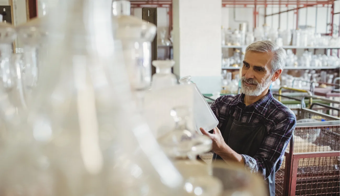 Worker inspecting glass jars