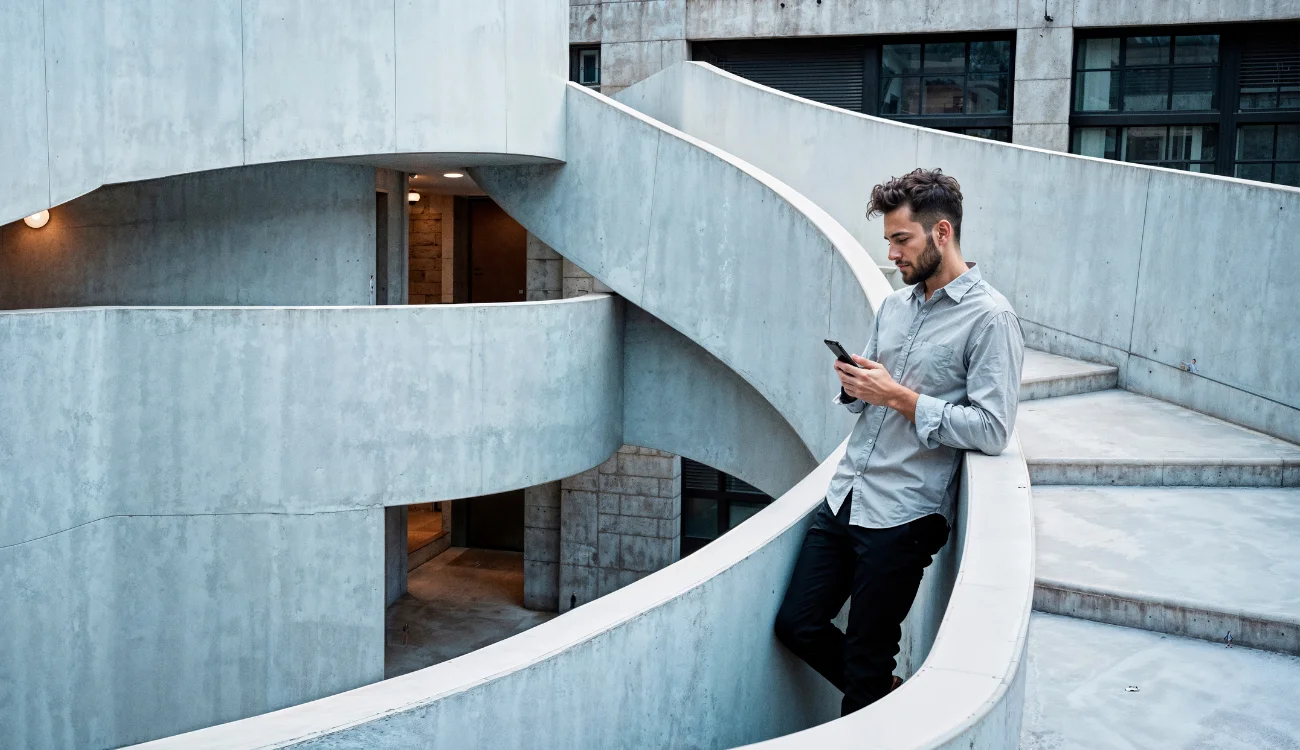 Man leaning against a staircase looking at his mobile phone.